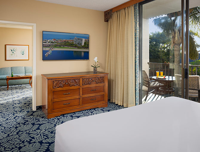 Views of the lush tropical gardens from the king bed in the Garden View Suite at the Catamaran Resort Hotel in San Diego beaches area.