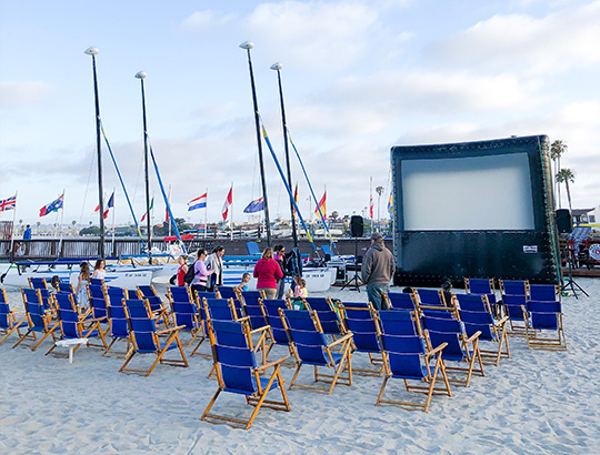 Movie screen set up on Mission Bay