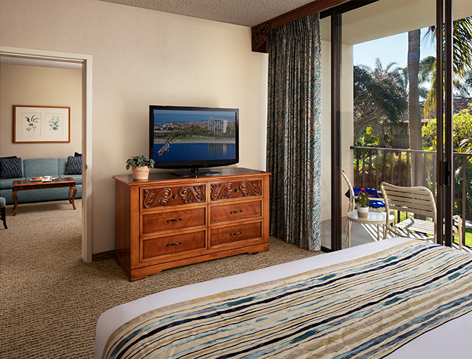 Views of the lush tropical gardens from the king bed in the Garden View Suite at the Catamaran Resort Hotel in San Diego beaches area.