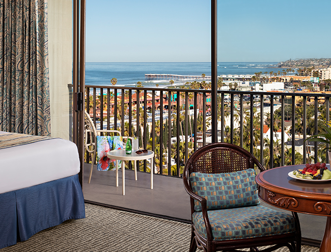 View of Pacific Beach from a tower room at the Catamaran Resort Hotel and Spa in San Diego