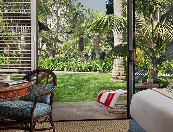 Looking out from room into the lush garden