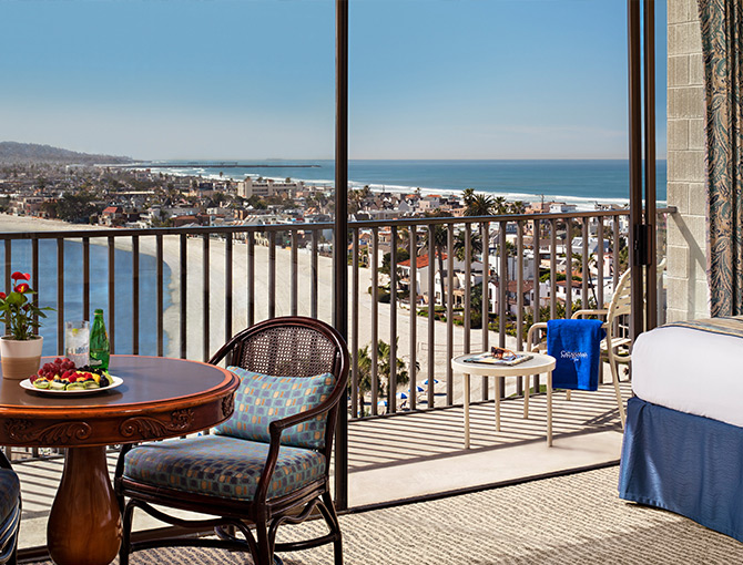 Interior tower room at the Catamaran Resort Hotel and Spa looking out to Mission Bay.
