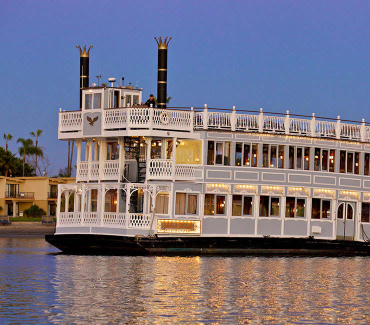 Bahia Bells cruising on Mission Bay from the Bahia Resort Hotel to the Catamaran Hotel Spa and Resort at dusk