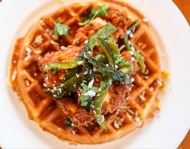 Belgium Waffle with fried chicken on top