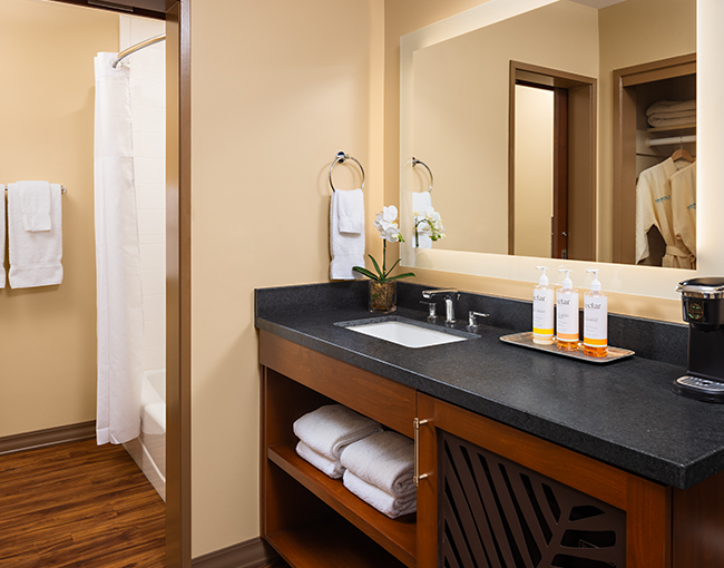 Bathroom in the poolside room at the Catamaran Resort Hotel and Spa in San Diego.