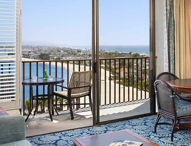 View of Mission Bay from the private balcony from the Catamaran Resort Hotel’s Bay View Suite in the San Diego beaches area.