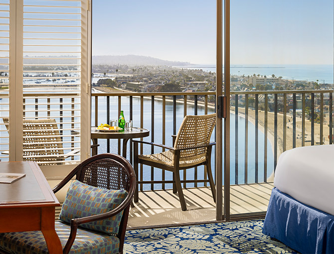 Interior tower room at the Catamaran Resort Hotel and Spa looking out to Mission Bay.