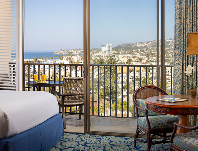 View of Pacific Beach from a tower room at the Catamaran Resort Hotel and Spa in San Diego