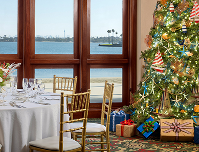 Meeting space decorated for the holidays at the Catamaran Resort in San Diego 