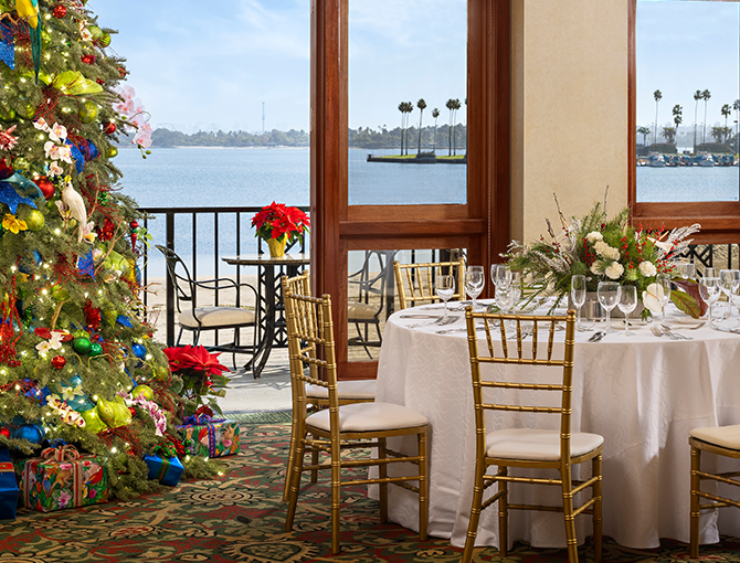 Meeting space decorated for the holidays at the Catamaran Resort in San Diego 