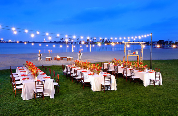 Table and Chairs set up over looking Mission Bay at Dusk