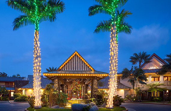 Entryway with holiday lights displayed at the Catamaran Resort Hotel and Sap
