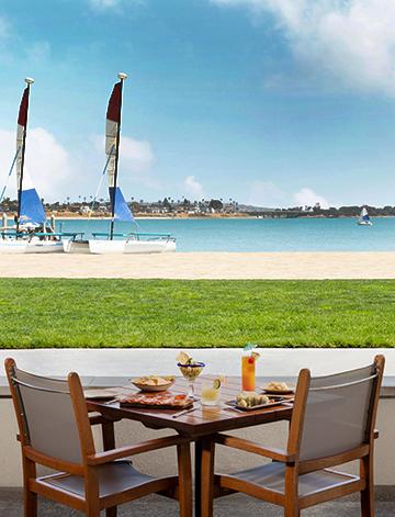 View of Mission Bay from Oceana Coastal Kitchen at the Catamaran Resort Hotel and Spa by Pacific Beach, San Diego, CA