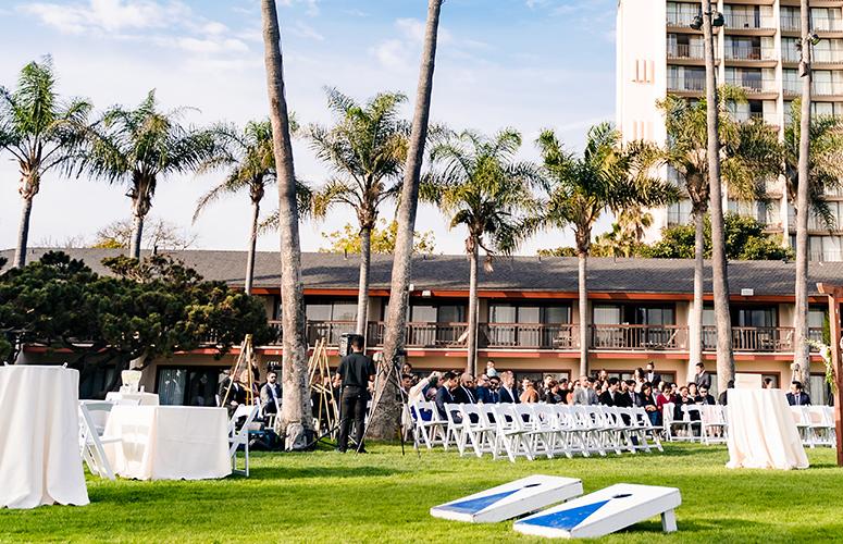 A view of the guests as they await the wedding ceremony at the Catamaran Resort Hotel.